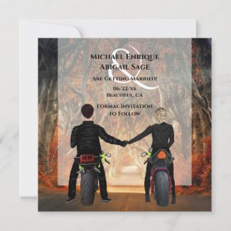 Couple Riding Motorcycles Autumn Forest Wedding Save The Date