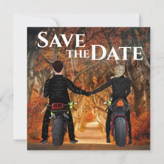 Couple Riding Motorcycles Autumn Forest Wedding Save The Date