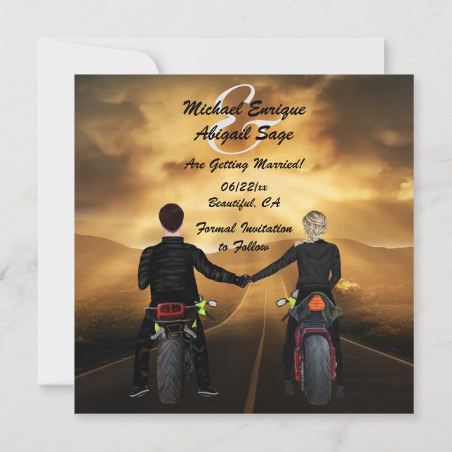 Couple Riding Motorcycles Magical Sunset Wedding Save The Date (Back)