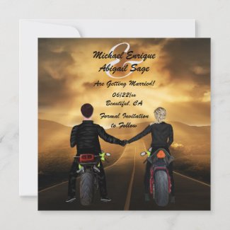 Couple Riding Motorcycles Magical Sunset Wedding Save The Date