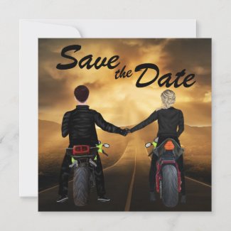 Couple Riding Motorcycles Magical Sunset Wedding Save The Date