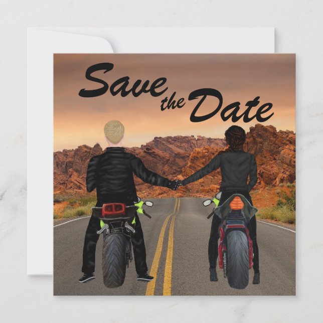 Couple Riding Motorcycles on Rocky Highway Wedding Save The Date (Front)