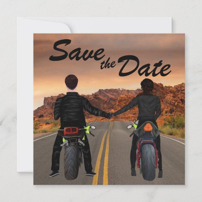 Couple Riding Motorcycles on Rocky Highway Wedding Save The Date (Front)