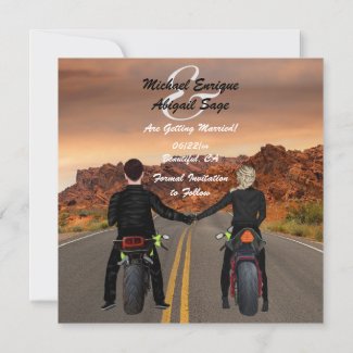 Couple Riding Motorcycles on Rocky Highway Wedding Save The Date