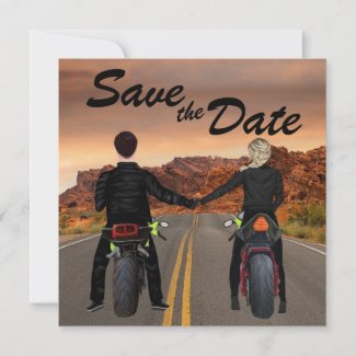 Couple Riding Motorcycles on Rocky Highway Wedding Save The Date