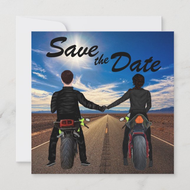 Couple Riding Motorcycles on Sunny Highway Wedding Save The Date (Front)