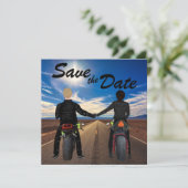Couple Riding Motorcycles on Sunny Highway Wedding Save The Date (Standing Front)