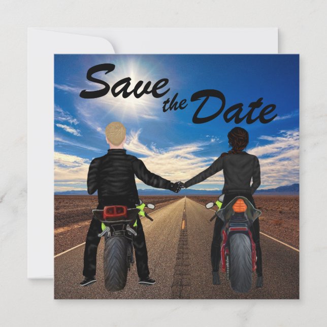 Couple Riding Motorcycles on Sunny Highway Wedding Save The Date (Front)