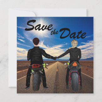 Couple Riding Motorcycles on Sunny Highway Wedding Save The Date