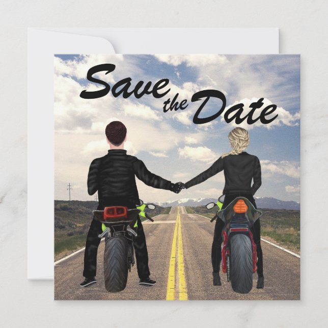 Couple Riding Motorcycles Road and Fields Wedding Save The Date (Front)