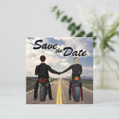 Couple Riding Motorcycles Road and Fields Wedding Save The Date (Standing Front)