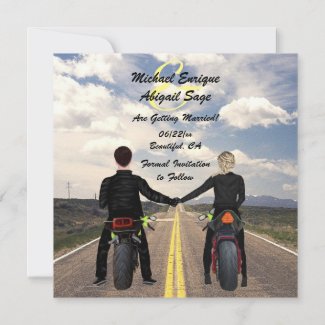 Couple Riding Motorcycles Road and Fields Wedding Save The Date