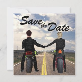 Couple Riding Motorcycles Road and Fields Wedding Save The Date