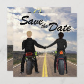 Couple Riding Motorcycles Road and Fields Wedding Save The Date (Front/Back)