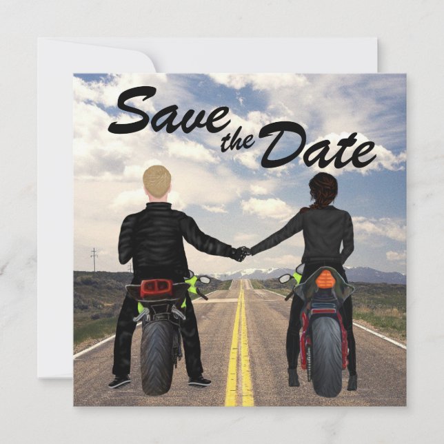 Couple Riding Motorcycles Road and Fields Wedding Save The Date (Front)