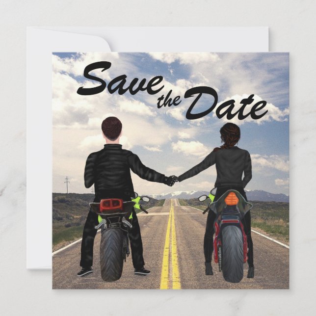 Couple Riding Motorcycles Road and Fields Wedding Save The Date (Front)