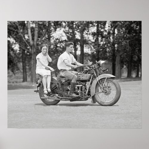 Couple Riding Motorcyle 1928 Vintage Photo Poster