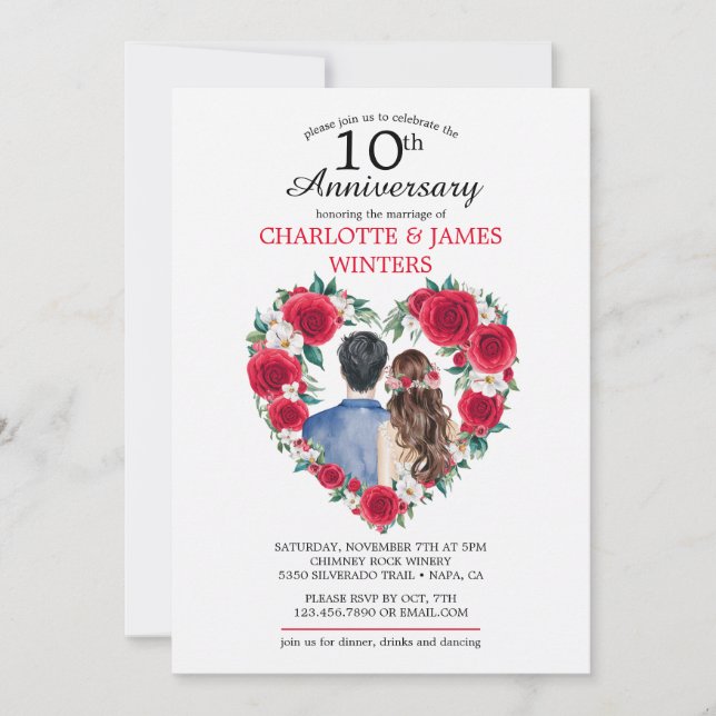 Couple Roses watercolor 10th Wedding Anniversary Invitation (Front)