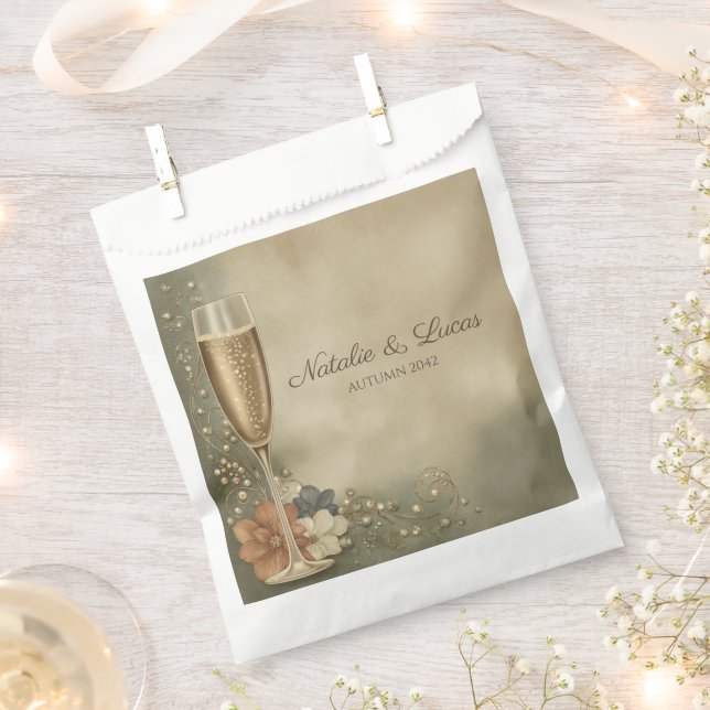 Couple’s Champagne Floral Wedding Shower Favor Bag (Clipped)