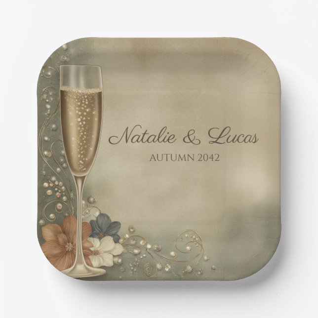 Couple’s Champagne Floral Wedding Shower Paper Plates (Front)