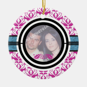 Couple’s first/1st Christmas damask photo ornament