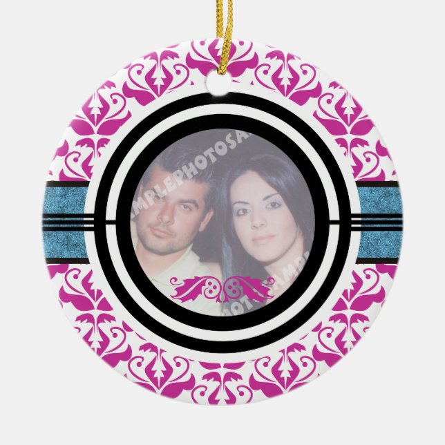 Couple’s first/1st Christmas damask photo ornament (Front)