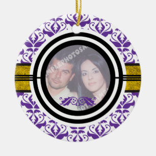 Couple’s first/1st Christmas damask photo ornament