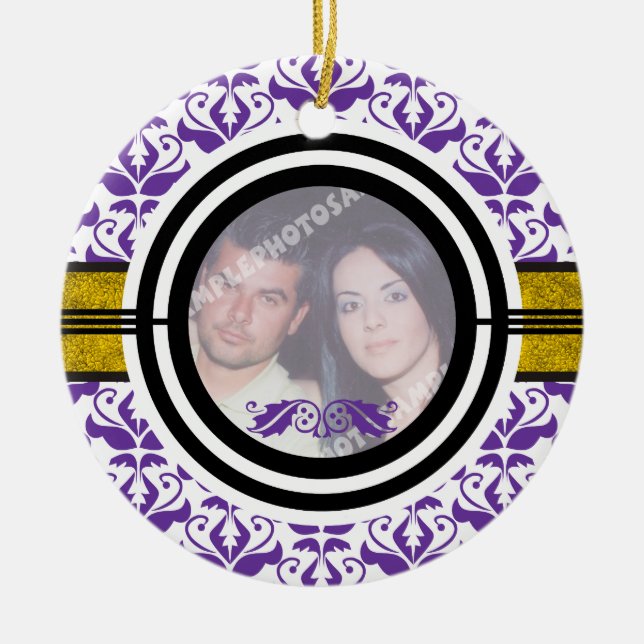 Couple’s first/1st Christmas damask photo ornament (Front)