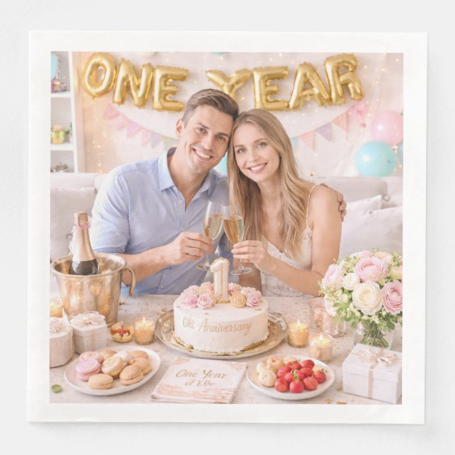 Couple’s First Wedding Anniversary Celebration Pho Paper Dinner Napkins (Front)