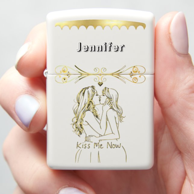 Couple sharing a sweet kiss zippo lighter (In Hand)