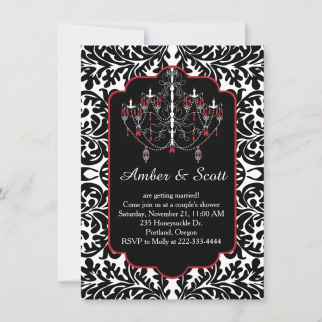 Couple shower black leafy damask, chandelier invitation (Front)