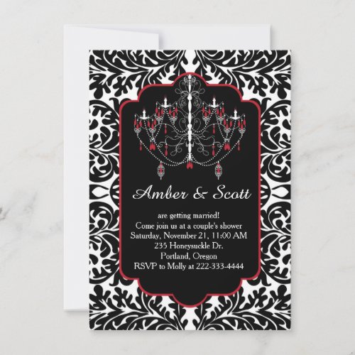 Couple shower black leafy damask chandelier invitation