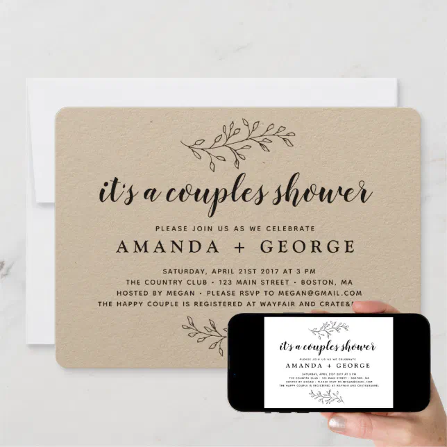 Couple shower invitation rustic kraft card | Zazzle