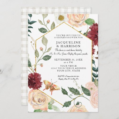 Couple Shower Watercolor Burgundy Gray Fall Floral Invitation