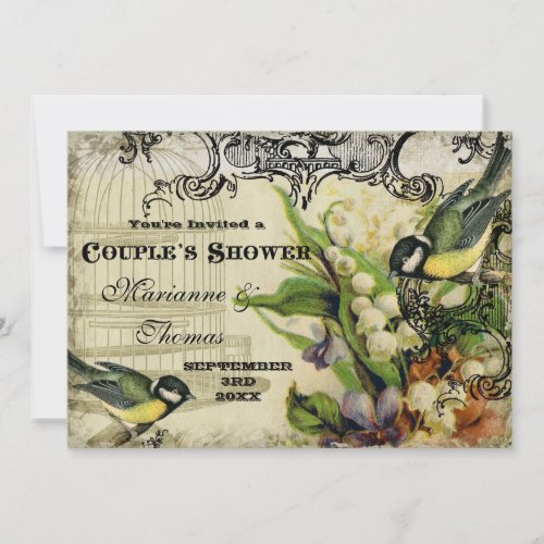 Couple Shower Yellow Song Bird Cage Swirl Floral Invitation