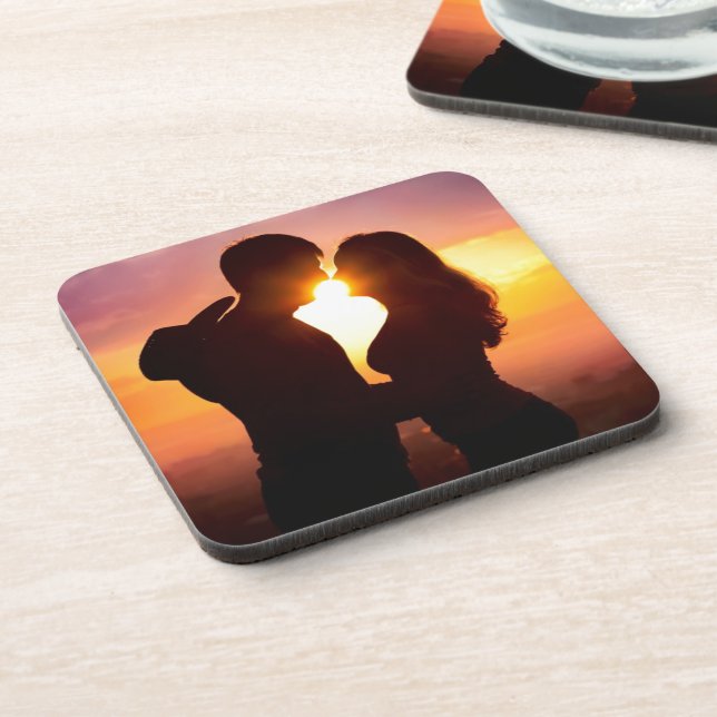 Couple Silhouette At Sunset Beverage Coaster (Left Side)