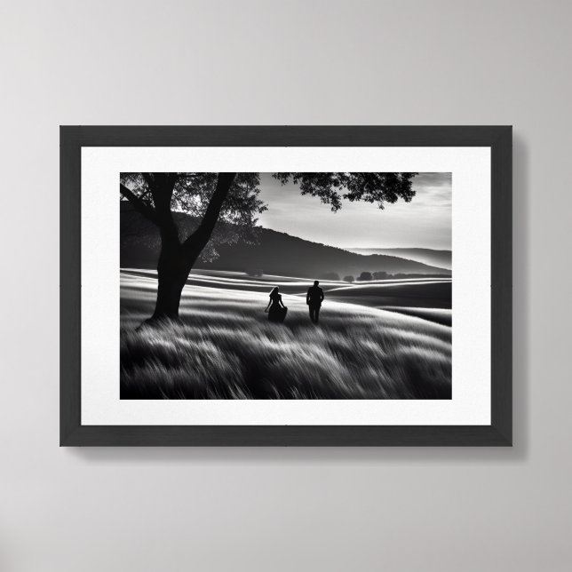 Couple Silhouette Field Walk Love in Black & White Framed Art (Framed Front)
