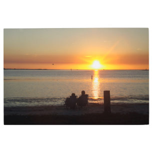 Couple Sit On Beach At Sunset Metal Wall Art