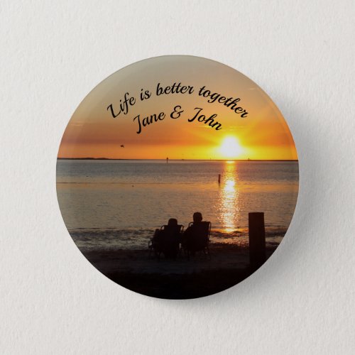 Couple Sit On Beach At Sunset Pin Button