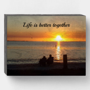 Couple Sit On Beach At Sunset Wood Box Plaque