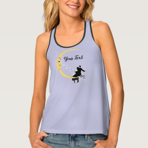 Couple Sitting on Angry Crescent moon Stars Blue Tank Top