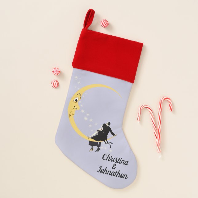 Couple Sitting on Crescent Moon With Face Stars Christmas Stocking (Front)