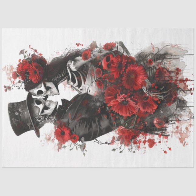 Couple Skeletons Embrace in Full Bloom Decoupage  Tissue Paper (Front)