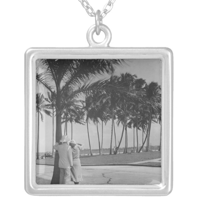 Couple standing at palm tree Rear view B&W Silver Plated Necklace (Front)