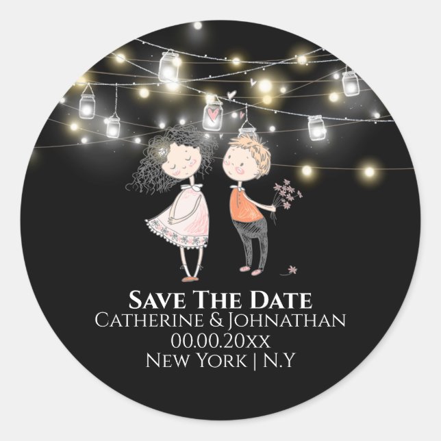 Couple standing under mason jar lights night  classic round sticker (Front)