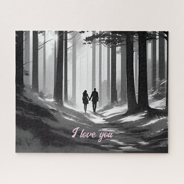 Couple Strolls Down Black & White Forest Path Jigsaw Puzzle (Horizontal)