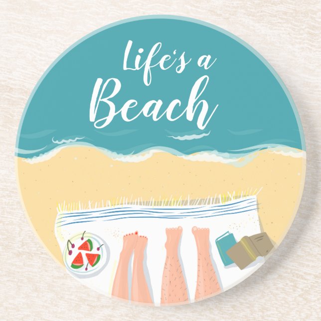 Couple Sunbathing on Beach Slogan Coaster (Front)