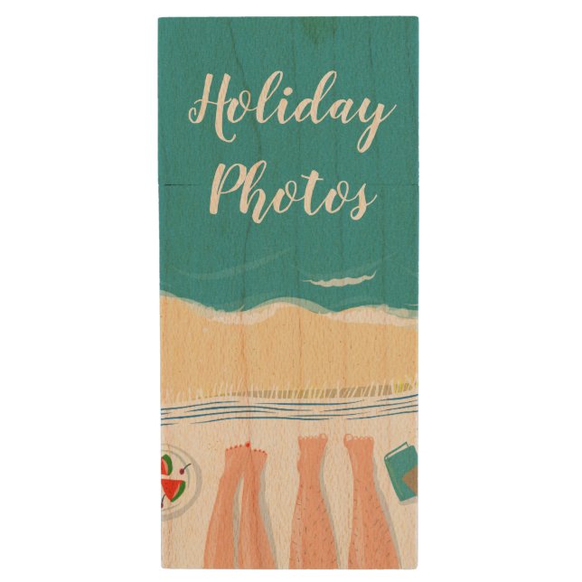 Couple Sunbathing Personalised Holiday Photos Wood Flash Drive (Front Vertical)