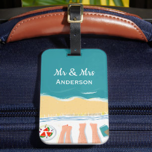 Couple Sunbathing Personalised Mr and Mrs Holiday Luggage Tag