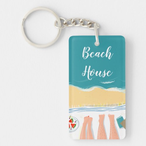 Couple Sunbathing Seaside Illustration Beach House Keychain